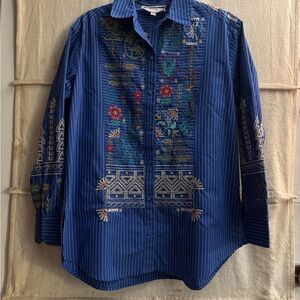 Johnny Was Striped Blue Embroidered Shirt